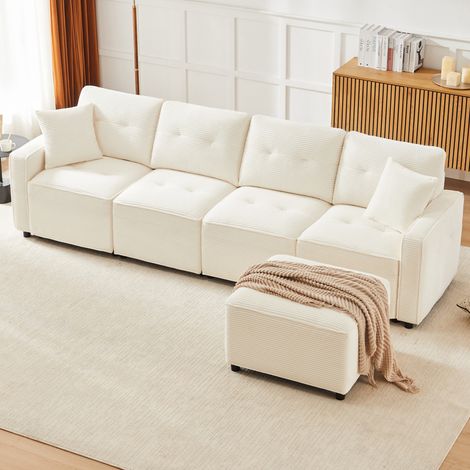 Seyakany Canapé d'angle en velours côtelé en forme de L avec rangement sous l'assise,repose-pieds amovible,canapé 4 places, beige (1/5)
