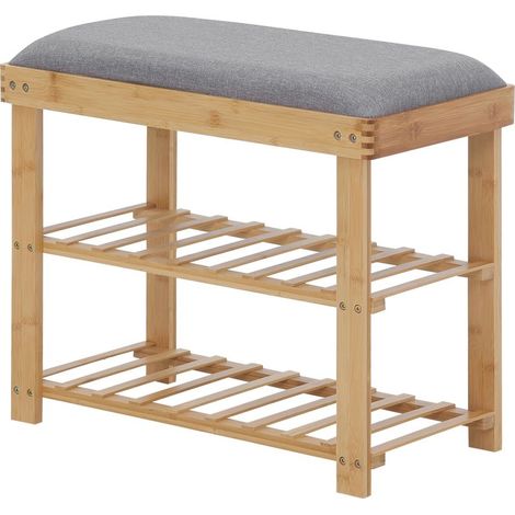Meuble à Chaussures Banc à Chaussures 2 étagères Coussin Gris intégré Bambou (1/5)