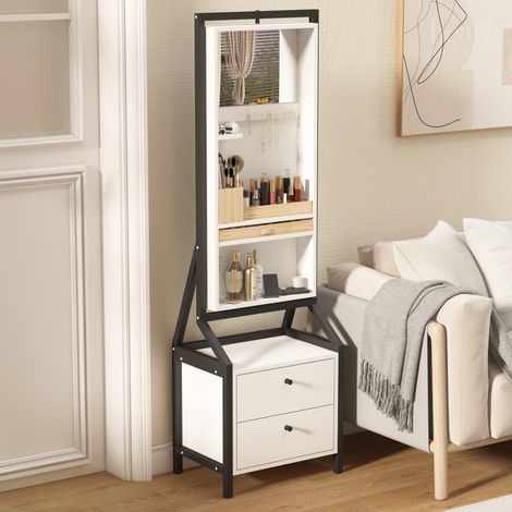 Armoire à Bijoux Pivotante 360° avec Miroir Plein Pied, 2 Tiroirs et Grand Espace de Rangement