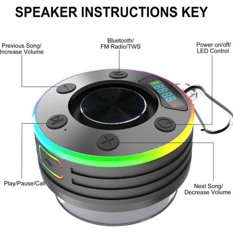 Enceinte Bluetooth Douche, Enceinte Bluetooth Portable 5.3 sans Fil, Ventouse Puissante, Lumière LED, Surround à 360 degrés, Appel (1/5)