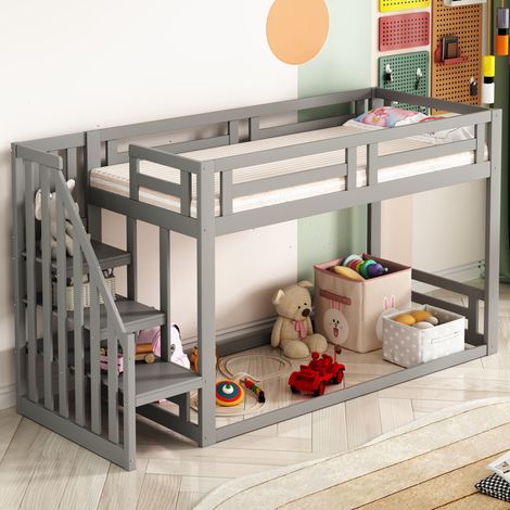 Lit superposé enfant 90x200 cm en bois massif gris, avec échelle de sécurité et sommier à lattes (1/5)