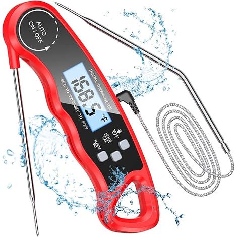 (Rouge) Thermomètre de cuisine, thermomètre de cuisson à lecture instantanée avec sonde pliable de 102 cm, rétroéclairage et aimant, thermomètre numérique pour la cuisson, la viande, les grillades (1/5)