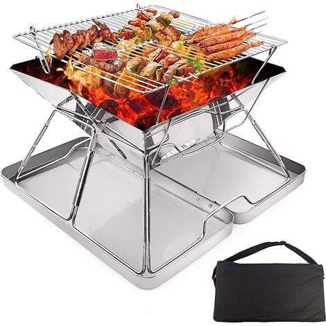 Foyer en Acier Inoxydable, Grille de Barbecue Pliable Foyer de Feu de Camp Portable Barbecue au Charbon de Bois Relevable pour Camping Pique-Nique Jardin - Boîte en Fer, Sac de Transport (1/5)