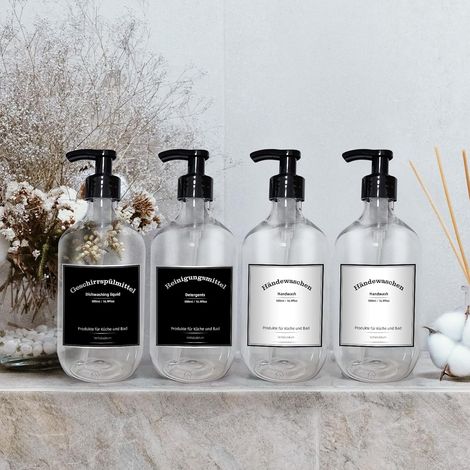 Lot de 4 distributeurs de savon en plastique de 300 ml avec étiquettes, bouteilles à pompe pour salle de bain, shampoing (300 ml transparent) (1/5)