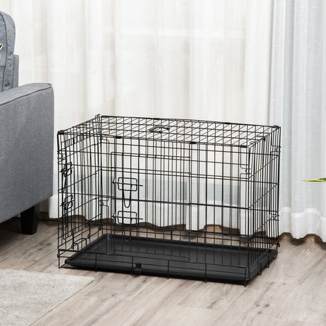 Faltbare Hundebox, Hundetransportbox mit 2 Türen, herausnehmbarer Schale und Griff, 75 x 48,5 x 53 cm, Schwarz