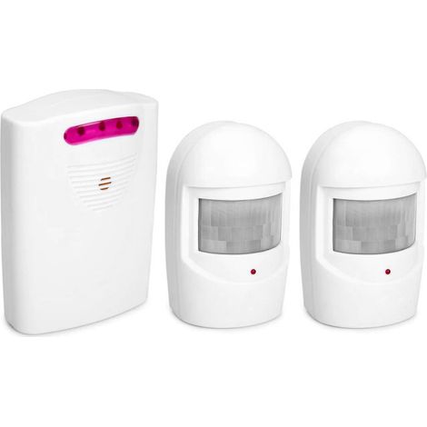 Timbre inalámbrico multifuncional con alarma y detector de movimiento infrarrojo, que incluye 1 receptor y 2 transmisores para uso doméstico en exteriores.