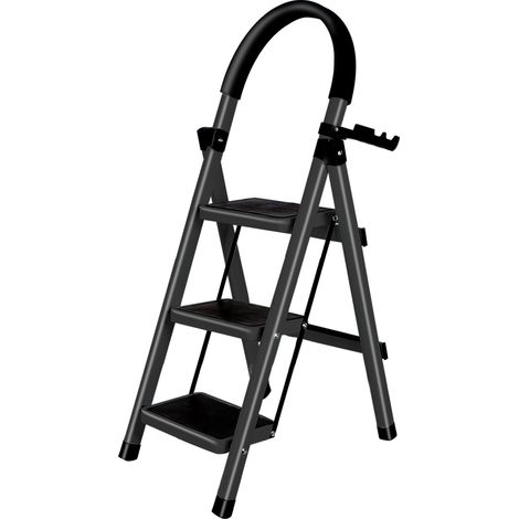 Klapptritt mit 3 Stufen Klappbar Stahl mit Haltegriff 41.5 x 57 x 104 cm Schwarz (1/5)
