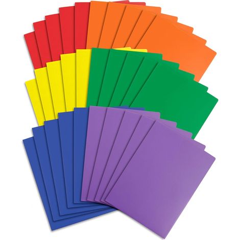 Paquete de 30 carpetas de plástico, 2 bolsillos, ranura para tarjetas, tamaño A4, plástico de 0,5 mm de grosor, 6 colores, oficina/escuela (1/5)