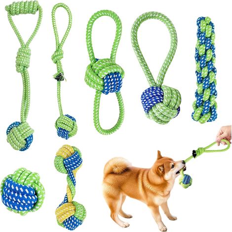 Lot de 7 cordes pour chien - En coton - Jouet pour chiot - Jeu et entraînement - Vert (1/5)