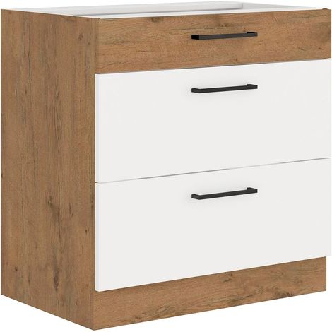 Vigo Unterschrank 80 Eiche Lancelot Weiß Hochglanz Vollauszug Soft-Close Küche (1/4)