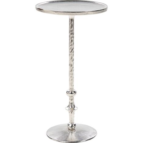 Mesa auxiliar de metal plateado 32 cm forma geométrica tablero tallado Meda