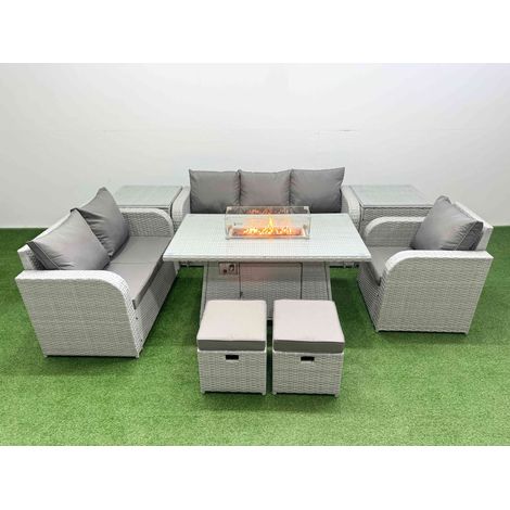 Fimous Patio PE Wicker 8 Seater Outdoor Rattan Furniture Sofa Sets with Firepit Dining Table Reclining Chair Loveseat Sofa 3 Seater Sofa Stool 2 Side Table Light Grey (1/4)