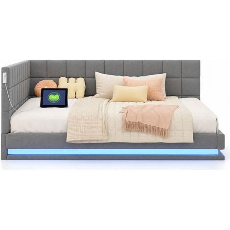 Divano letto 140x200 cm in lino grigio con LED, USB e rete a doghe, senza materasso - CHICFURN (1/5)