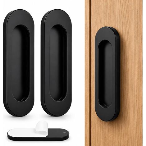 Set di 2 maniglie ovali autoadesive da 10 cm per porte scorrevoli, in alluminio nero opaco, per porte finestre, mobili e bagno. Non è necessaria la foratura. (1/5)
