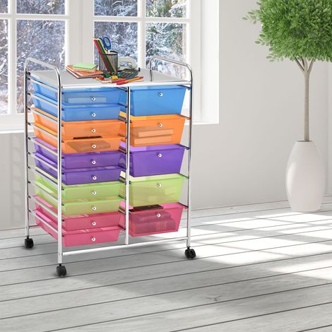 Chariot de rangement roulant, 15 tiroirs amovibles desserte pour bureau classeur à roulettes 63x37x87cm Multicolore (1/3)