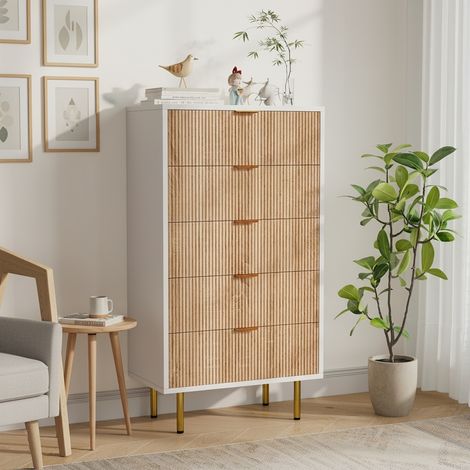 Kommode 60 cm aus Holz, Rechteckig, mit 5 Aufbewahrungsschubladen, Metallgriffe und Füße, Skandinavisch, Wohnzimmermöbel – Weiß und Holz