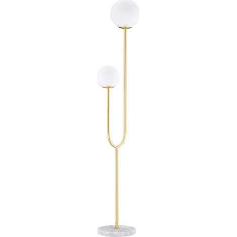Lampadaire sur pied en métal doré, 2 têtes avec abat-jour globe en verre dépoli blanc, 25W, dimensions 33 x 25 x 155,5 cm, idéal pour salon