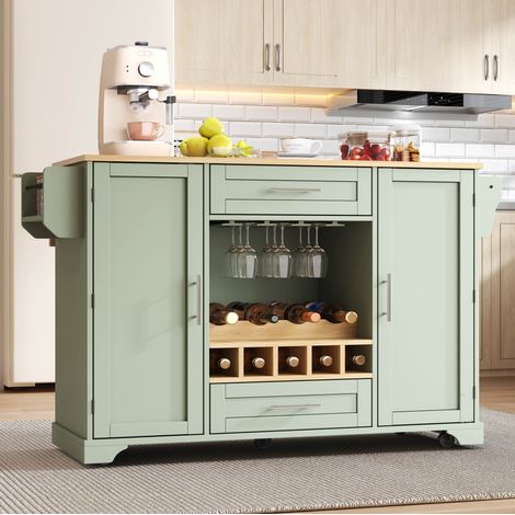 Carrello da cucina con piano ribaltabile, portabottiglie e ruote 138x45/70x92 cm verde OKWISH