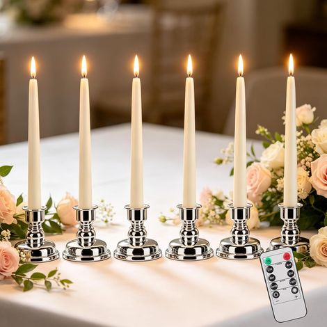 Bougie Longue LED: 6 Pièces 28cm Bougie Electrique, Flamme Vacillante Fausses Bougies Décorative Avec Télécommande Et 6 Bougeoirs En Argent Pour Noël, Anniversaire, Fête D'anniversaire, Mariage (1/5)