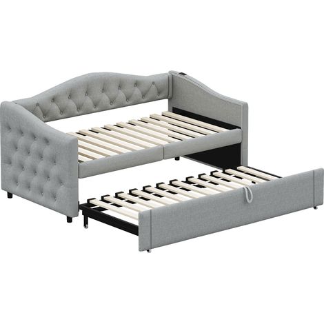 Canapé-lit extensible rembourré, 90200 cm, avec port USB, forme classique à boutons avec sommier à lattes, lit multifonction - lit d'appoint, tissu lin, gris (matelas non inclus) (1/5)