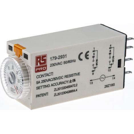 Relais temporisé RS PRO, 230V c.a., Enfichable, 2 contacts ( Prix pour 1 ) (1/3)