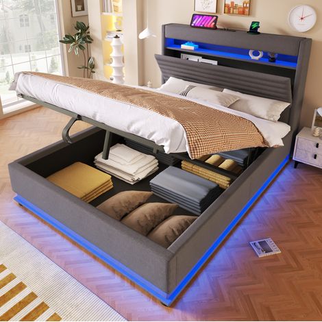 Cama dormitorio con almacenaje hidráulico LED gris OKMYHOME (1/5)