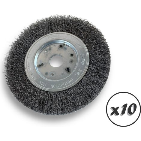 Lot de 10 brosses circulaires ACIER Ø 150 mm Epaisseur 1 rang Fil souple 0.20 mm ondulé Alésage 20 mm + réducteur bague 16/12 mm Touret meuleuse affûteuse ponceuse Kibros 215151AVx10