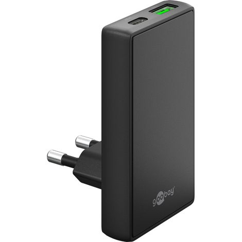 Chargeur rapide double GOOBAY, 45 W, 1x USB-C, 1x USB-A, plat, noir, conçu à 90°
