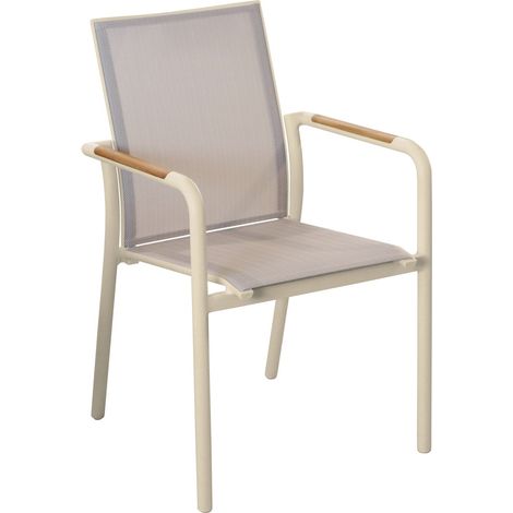 PROLOISIRS Fauteuil repas empilable - AROHA - Crème chevron - Aluminium époxy - Accoudoirs teck FSC