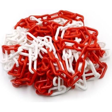 Chaîne de signalisation en plastique rouge et blanc 10 m x 8 mm - Chaîne de signalisation légère et pratique avec 4 crochets en S - Chaîne en plastique pour bloquer les surfaces