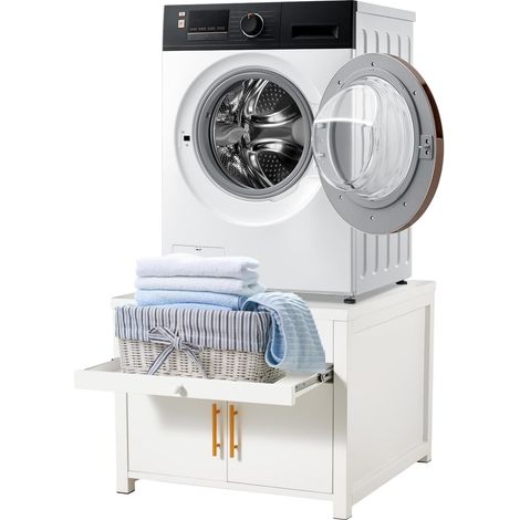 YODOLLA Laundry Pedestal, Washing Machine Stand Base with Drawer and Pull-out Shelf, 320 KG Capacity, White (1/5)
