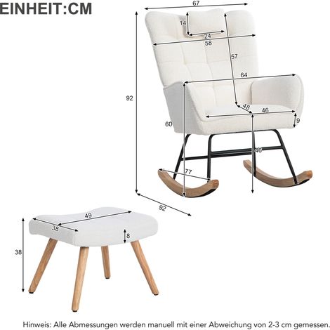Ergonomischer 92 cm hoher weißer Schaukelstuhl, Sitzbreite 67 cm - inkl. 1 Kopfkissen und 1 Fußhocker (493838 cm), stabiles Gummifußgestell, max. Belastbarkeit 250 lbs, Schaukelstuhl, Loungesessel (1/5)
