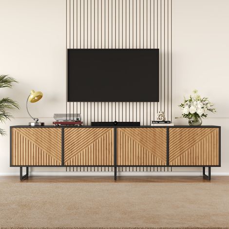 Meuble TV Bois 180 cm avce 4 Portes Motif à Rayures Aspect Bois Naturel - Structure Métal Noir, Meuble TV moderne pour salon et chambre - Naturel
