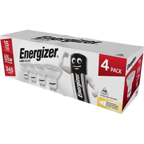 Energizer S14425 LED GU10 50 Non-Dimmable Bulb, Warm White 345 lm 4.2W (Pack 4) ENGS14425