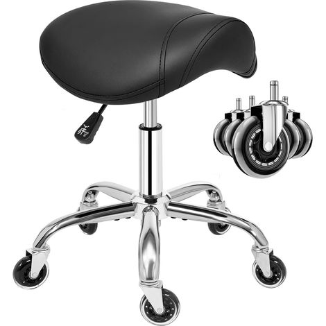 Tabouret à roulettes pivotant à 360°Réglable en Hauteur Tabouret Selle de Cheval Ergonomique Cuir épais Assise Large pour Salons de Beauté, Salon, Massage, Clinique Noir WSS001B (1/5)