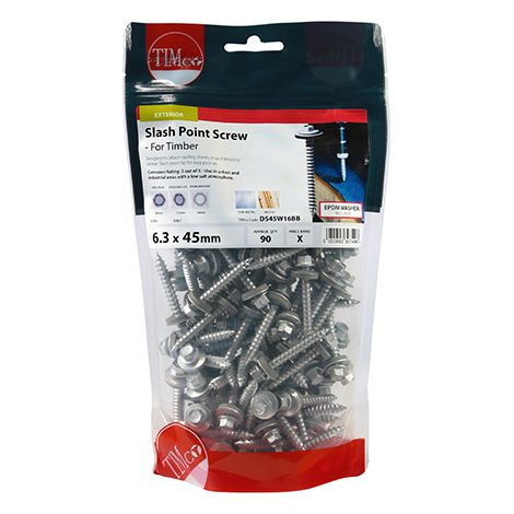 TIMCO Slash Point Sheet Metal to Timber Screws Exterior Silver with EPDM Washer - 6.3 x 45