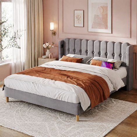 Lit 180x200 rembourré avec USB et USB-C lin gris OKMYHOME (1/5)