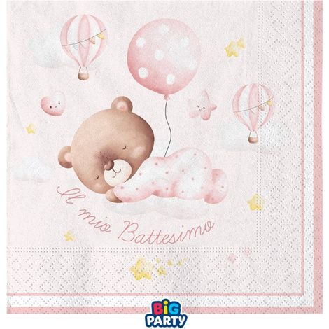 Big Party Tovaglioli Carta Battesimo Baby Bear 33 x 33 Cm Rosa Cf 16 Pz