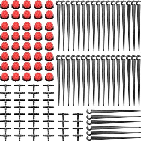120 Stücke Automatische Tropf Bewässerung Set, VooGenzek 40 Einstellbare Micro Drip Tropfer + 40 T-Steckverbinder + 40 Micro Drip Rohrhalter für Schlauch 4/7mm, für Garten, Rasen, Gewächshaus, Rot (1/5)