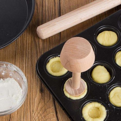 Moule à tartelettes aux œufs double face en bois avec pilon intégré, pour la pâtisserie et la confection de gâteaux aux œufs. (1/4)