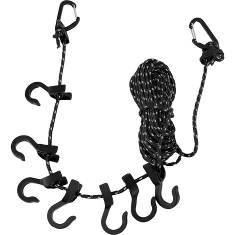 Corde à linge de voyage portable, réglable en longueur (5 m), résistante au vent, avec crochets, idéale pour le camping et les activités de plein air. Noir réfléchissant. (1/5)