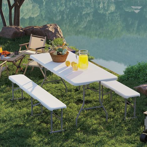 Conjunto de mesa y bancos plegables para picnic, 180 cm, con asas de transporte, color blanco.