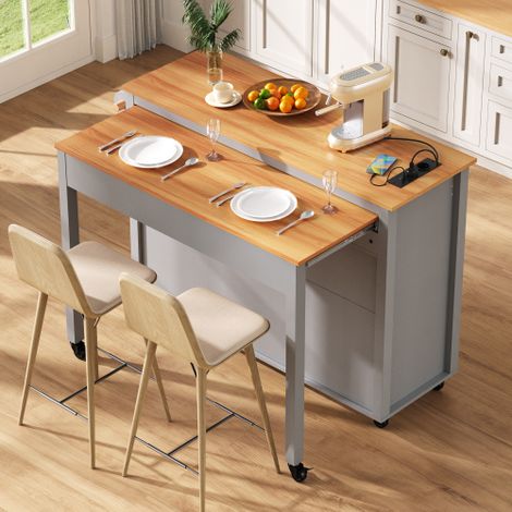 Îlot de cuisine sur roulettes, coin repas extensible, îlot de cuisine avec plan de travail et poubelle, îlot de cuisine mobile autoportant avec multiprise,  Gris (1/5)