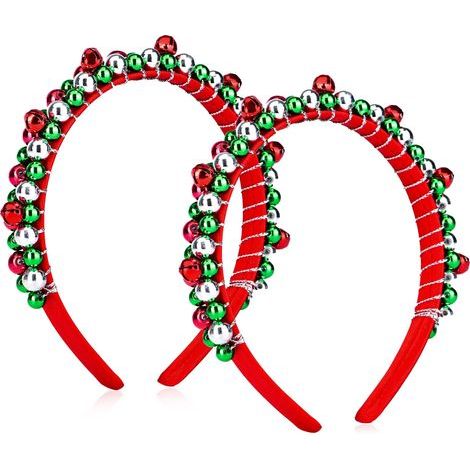 Set aus zwei Weihnachtsstirnbändern, Stirnband mit Weihnachtsglocke, Stirnband für Mädchen, rote, grüne und silberne Haaraccessoires (1/5)