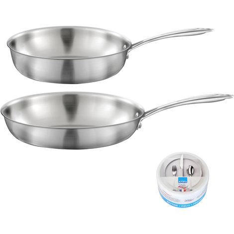 Gourmet - Lot de 1 poêle inox 28 cm, 1 sauteuse inox 24 cm, 1 pierre d'argent® citron 300 g pour l'entretien de l'inox (1/5)