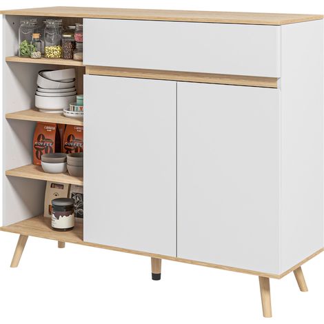 Buffet scandinave blanc 1 placard double porte 1 tiroir 4 niches étagères réglables