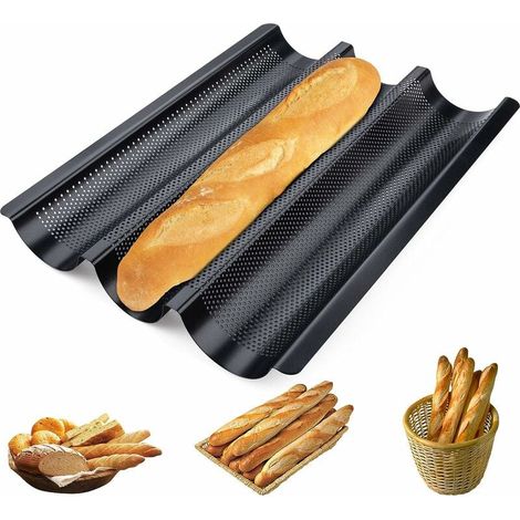 Teglia per baguette da forno per 3 baguette, teglia per pane francese nera, teglie antiaderenti per baguette, teglia per pane perforata per baguette, panini al pane - (1/4)