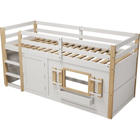 Cama alta infantil 90 x 200 cm con escalera, blanca, sin colchón (1/5)