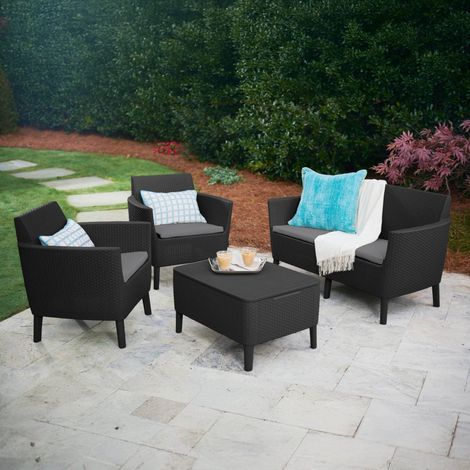Dmora - Loungeset für draußen Butera, Outdoor-Lounge mit Couchtisch, Terrassenset mit Kissen, 133x67 h76 cm, Anthrazit (1/5)