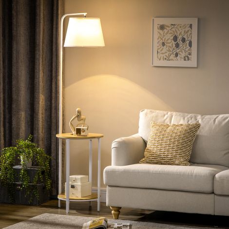 Stehlampe 162 cm 40 W mit 2 Ablagen, weißer Leinenschirm HAVRYA (1/5)